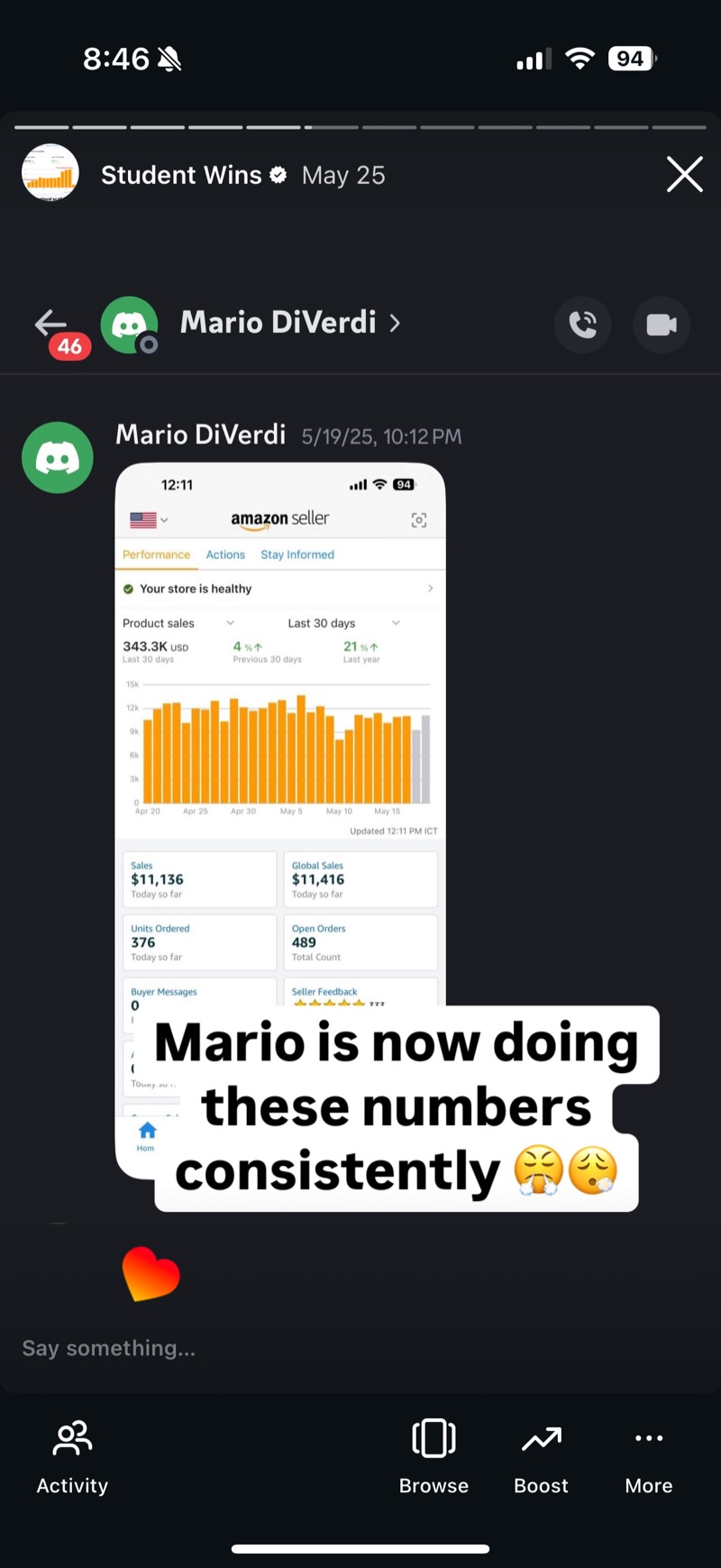 Student Wins post showing a student's Amazon Seller dashboard with 343.3K USD over the last 30 days, 11,136 dollars today, and 376 units ordered.