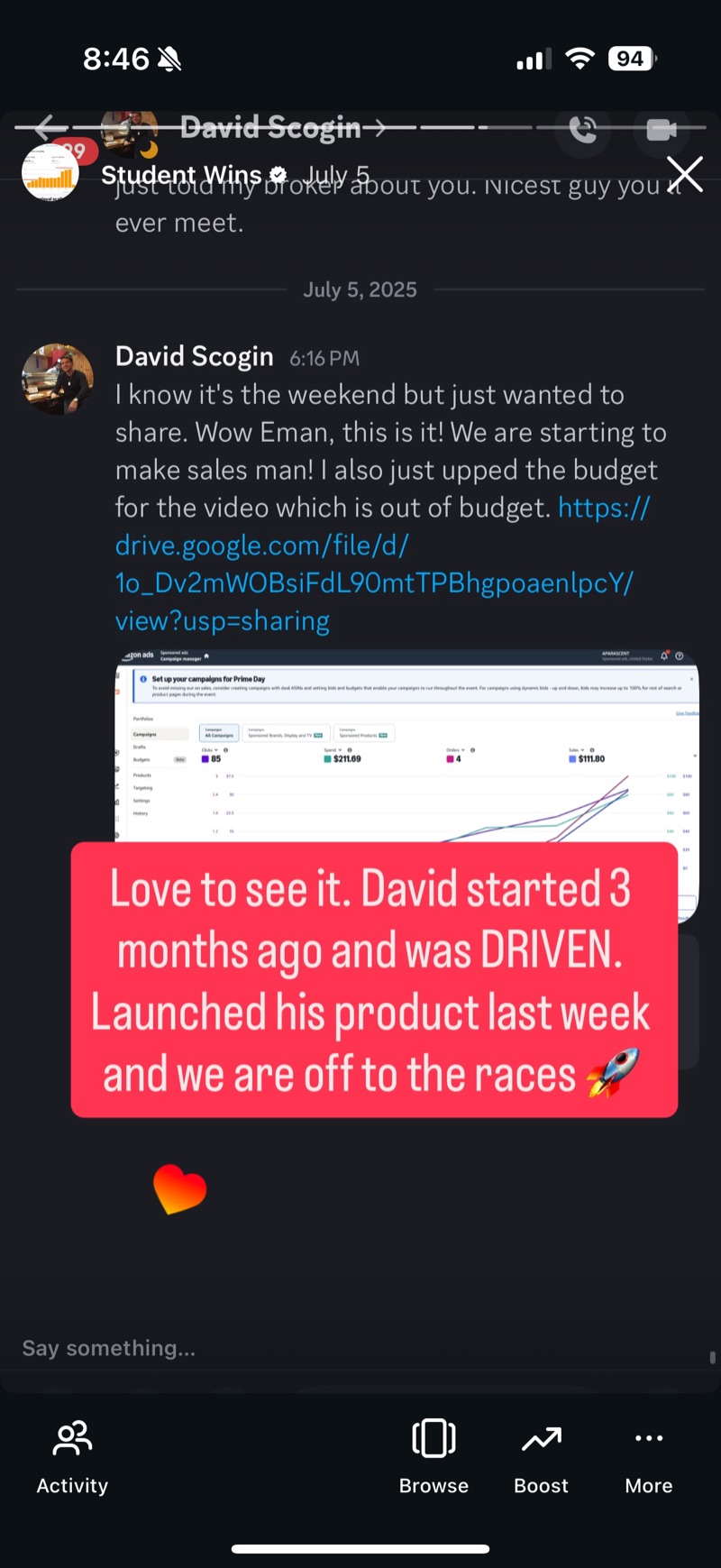 Student message sharing their first sales after launching, with an Amazon Ads campaign manager screen showing early spend and orders.